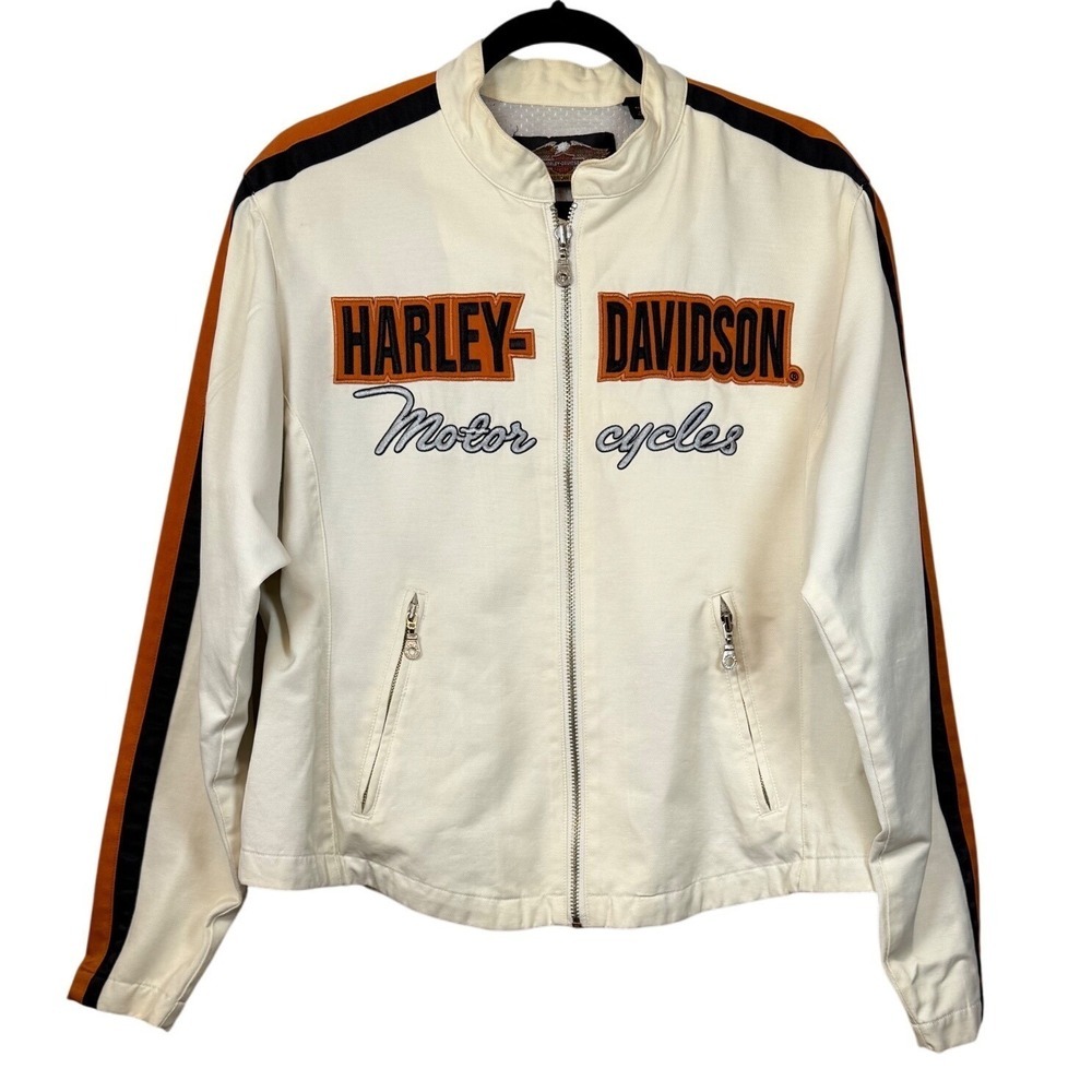 VINTAGE Women's Harley Davidson Moto Jacket Lined Off-White Embroidered, Size XL